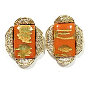 Vintage Coro Clip On Earrings Mid Century Textured Silvertone & Orange Art Glass